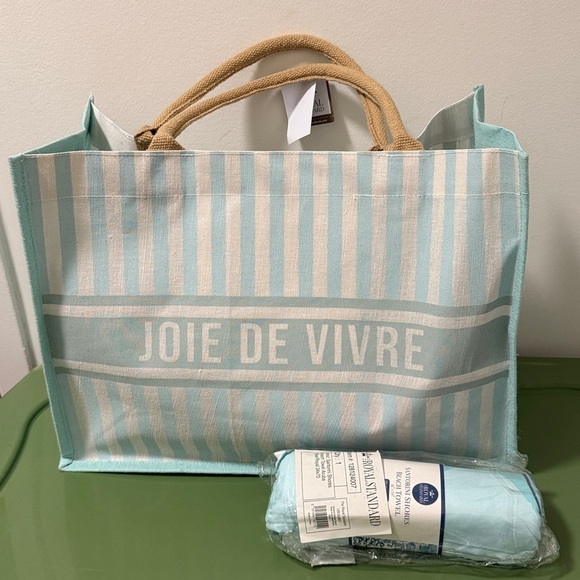 The Royal Standard Handbags - NWT The Royal Standard Joie De Vivre Jute Tote & Beach Towel. Aqua Blue/White.